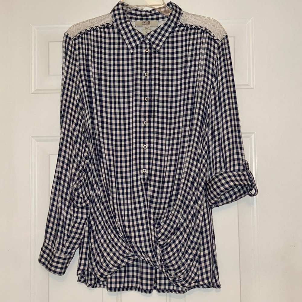 Vintage America Mackenzie Checked Top XL Blue White Draped Western Lace Cowboy